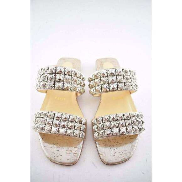 Christian Louboutin Myriadiam Flat Cork Silver Spike Slide Slip On Sandal 35.5 - Picture 6 of 11
